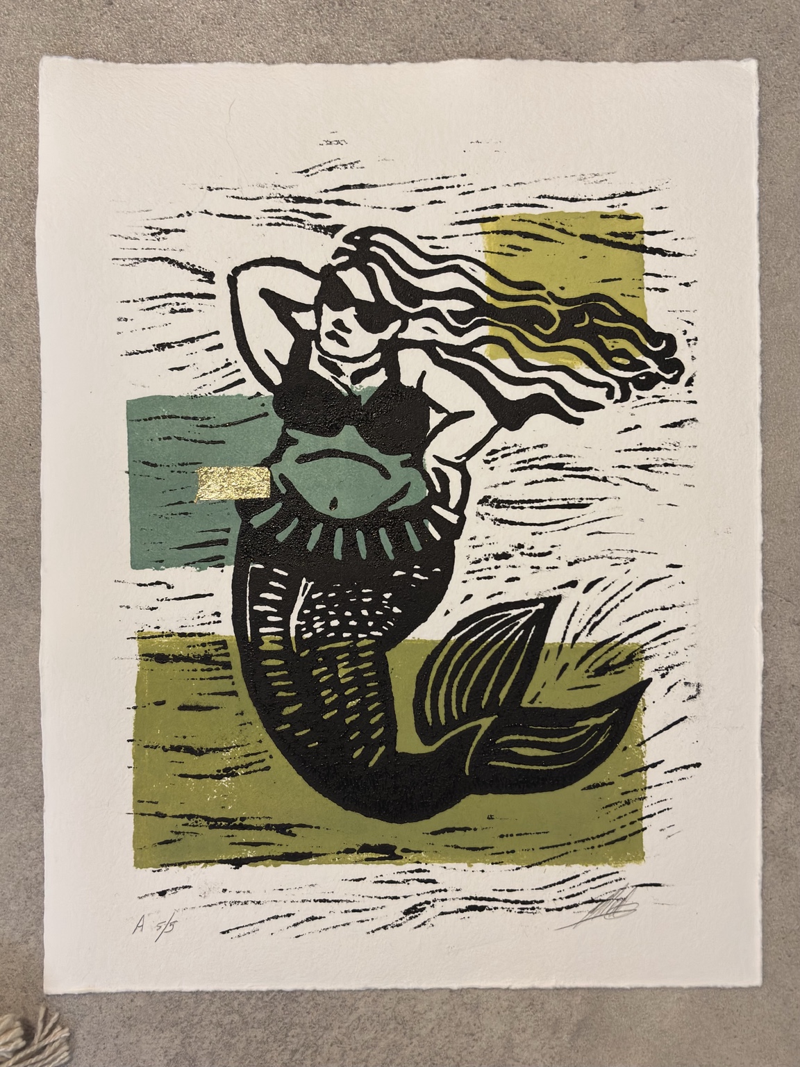 Dutch Mermaid I, groen en lime met een bladgouden rechthoek